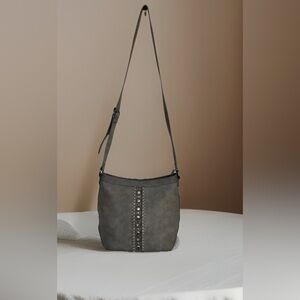 PAVERS Italy Gray Suede Leather Shoulder Crossbody Bag Studded Stitching